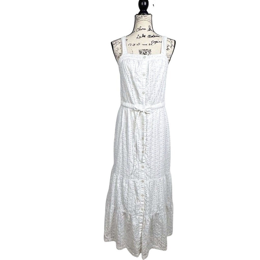Gap Womens White Eyelet Cotton Button Front Tiered Midi Dress 6 Tall RN54023